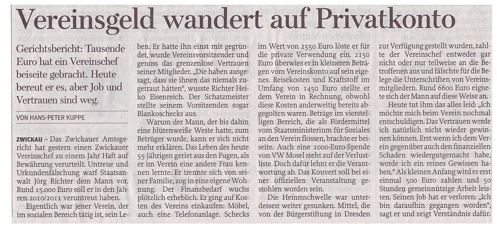 Vereinsgeld wandert auf Privatkonto